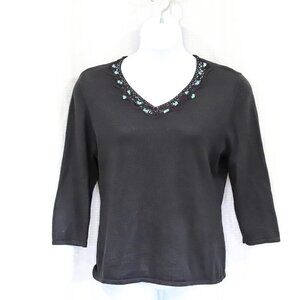 Sag Harbor Size XL Black embellished neckline black 3/4 sleeve lightweight vneck